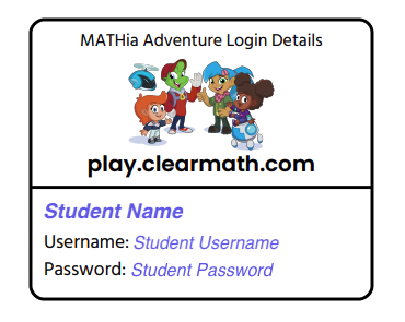 Student Zorbit's and Mathstoria Login Cards & Home Access Letters