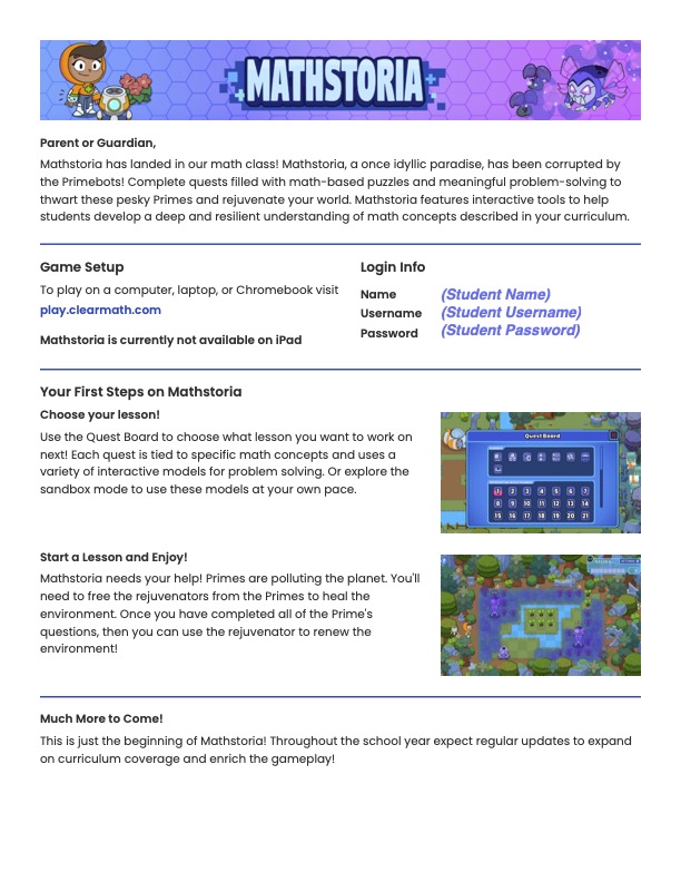 Student Zorbit's and Mathstoria Login Cards & Home Access Letters
